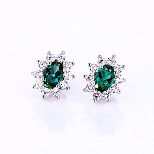 Regenerated Emerald Ear Studs with Growth Pattern Lab-Creat Oval Sterling Silver S925 Emerald Earrings Wikie Jewelry