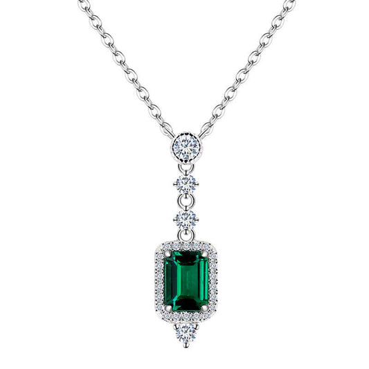 Women's Recycled Synthetic Emerald Pendant Necklace with S925 Silver Plating K Gold Chain Wikie Jewelry