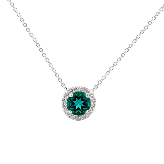 S925 Sterling Silver White Gold Cultivated Emerald Gemstone Women's 0.50 Carat Round Emerald Pendant Necklace. Wikie Jewelry