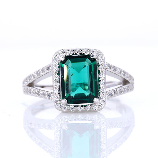 S925 Sterling Silver Plated with 18K White Gold Women's Synthetic Regeneration Emerald Ring Wikie Jewelry
