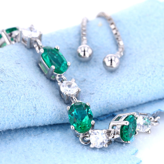 S925 Sterling Silver Holiday Gift 3 Carat Lab-Grown Emerald Bracelet with Pave Set 0.6 Carat Accent Stones Wikie Jewelry