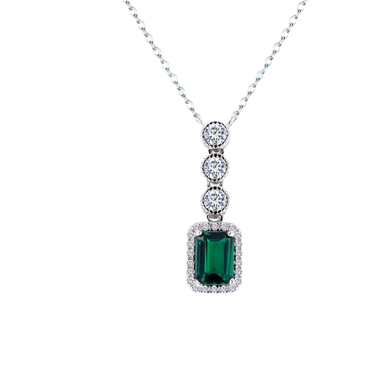 S925 Silver 18K Gold Plating Fully-Inlaid 1 Karat accent diamond Recycled Emerald Pendant Necklace Wikie Jewelry